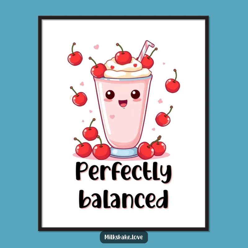 Funny Kawaii Milkshake Poster: Juggling Cherries Art, Perfect Playful Gift Decor