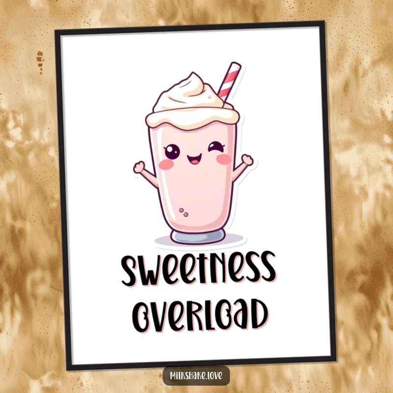 Funny Kawaii milkshake character smiling sweetly from a glass, vibrant colors, lovely wall decoration.