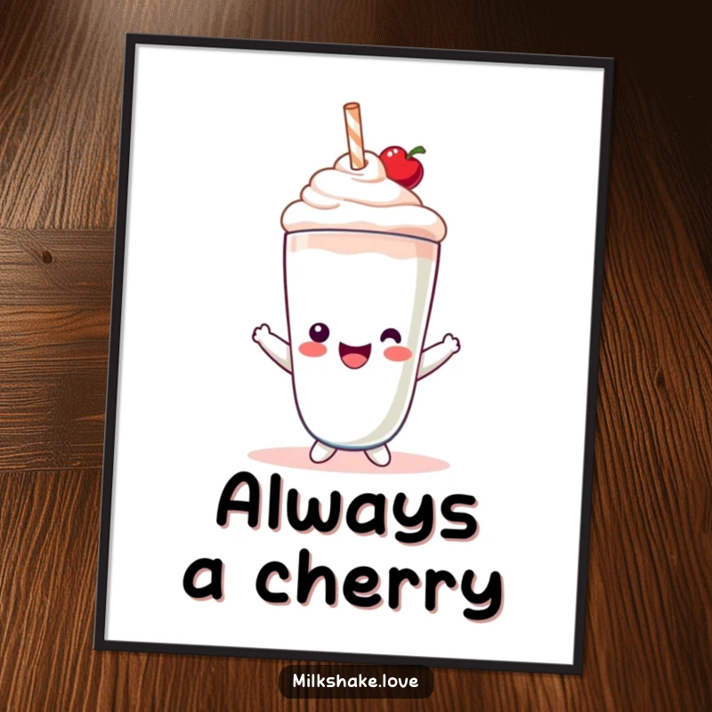 Funny Poster showcasing a cheerful Kawaii milkshake character joyfully wearing a small cherry hat, adding sweet decor.