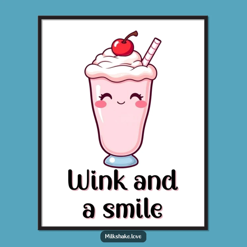 Funny Kawaii Milkshake Poster: Winking Cherry Wall Art, Sweet Treat Decor Gift