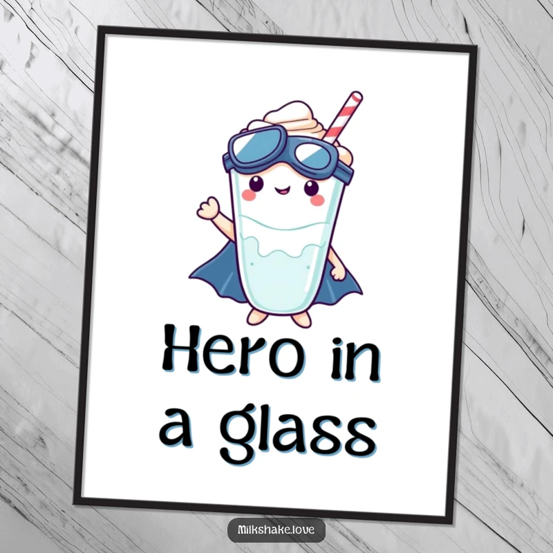 Kawaii milkshake character in a superhero costume, striking a heroic pose within its cup, as wall art.