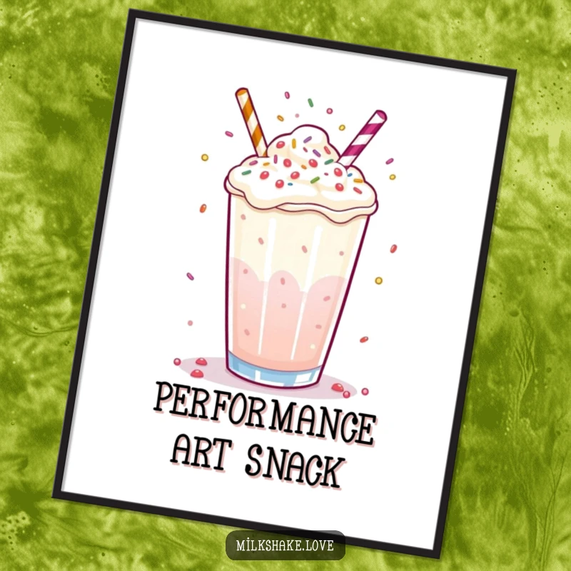Funny milkshake poster of a bubbly drink juggling tiny sprinkles with its surface, perfect for humorous wall art.