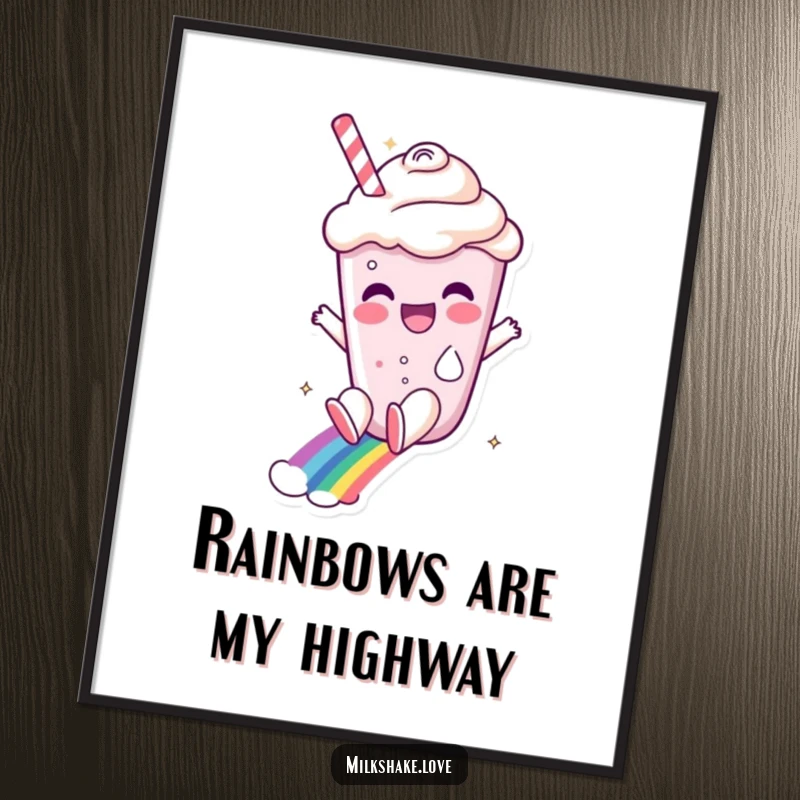 Funny milkshake character with a delighted expression slides down a bright rainbow, featured on a stunning wall poster.