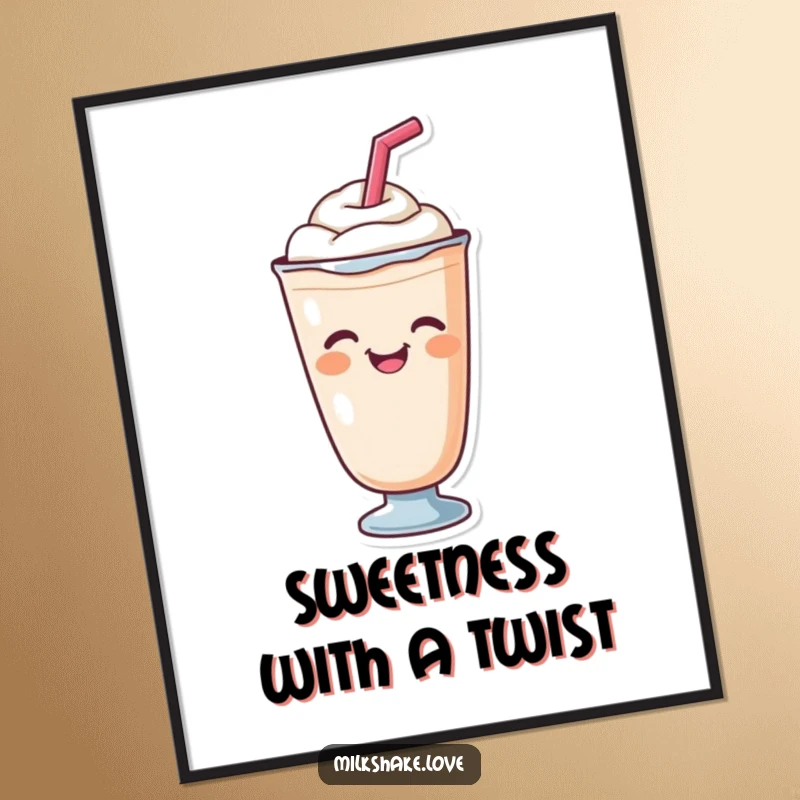 Funny cute milkshake with a straw giving a cheerful wink, presented as a vibrant and funny digital art print.