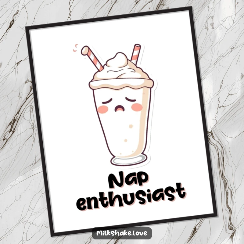 Funny poster featuring a yawning milkshake character with a drooping straw, artfully portraying sleepiness.