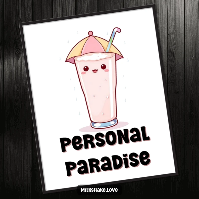 Funny Poster of a kawaii milkshake glass with a tiny umbrella, enjoying a shower of sugary drops, embodying sweet, humorous escapism.