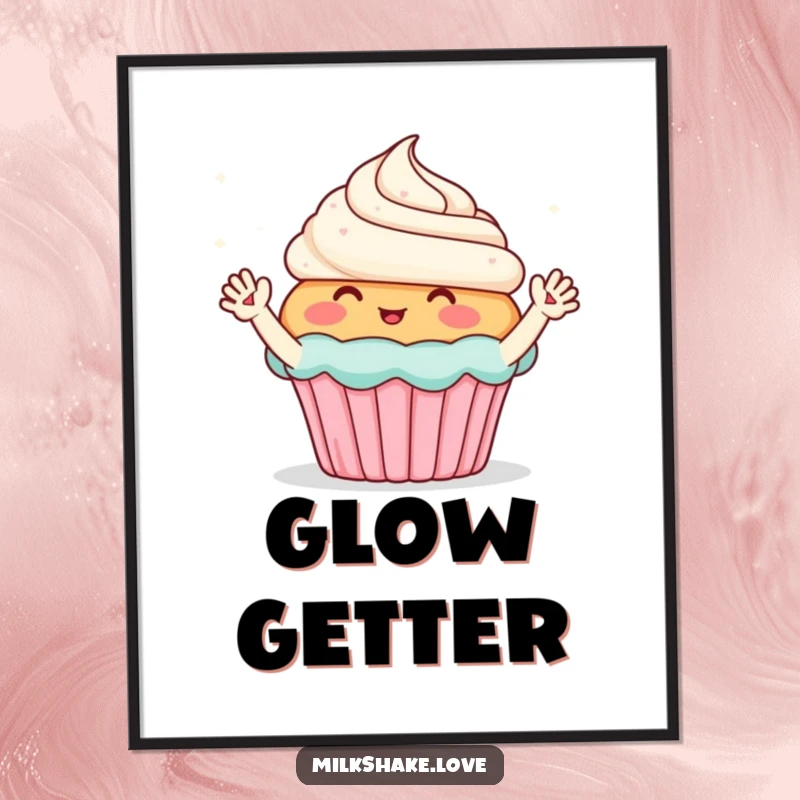 Funny poster illustration of a blushing cupcake with tiny waving arms, enthusiastically greeting sparkling magic, adding cheerful charm to walls.