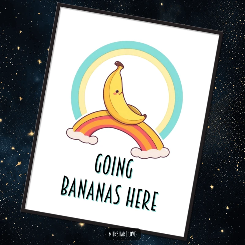 Funny banana character sliding down a rainbow, a colorful and humorous poster for wall decoration.