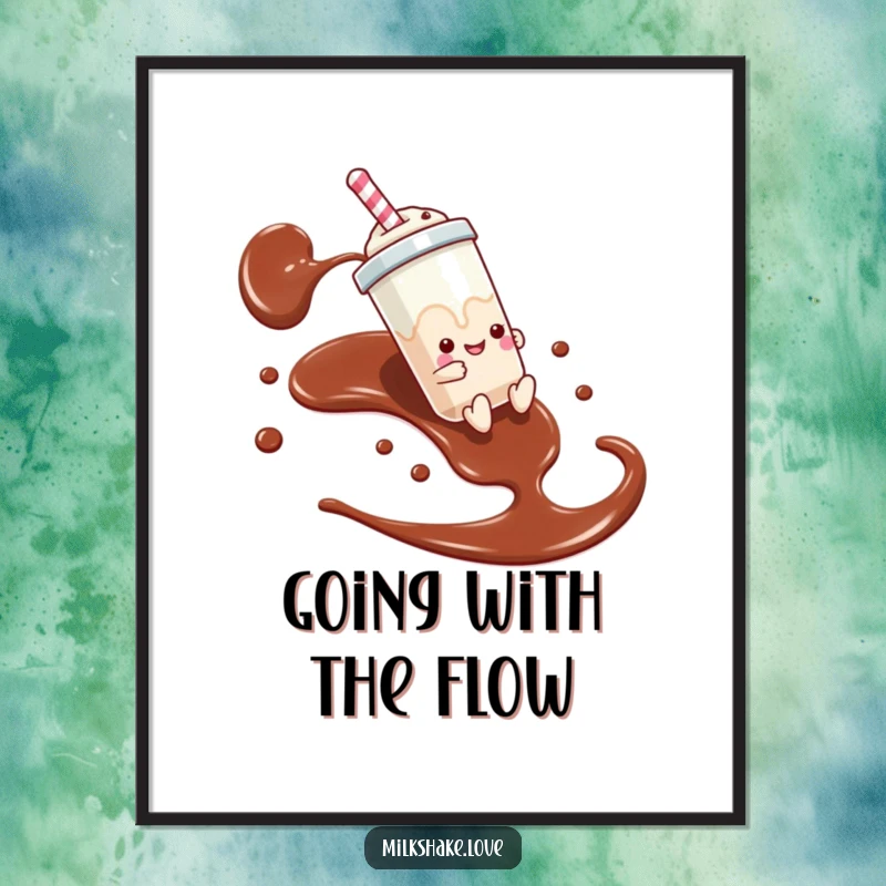 Funny poster print of a milkshake sliding down a chocolate syrup stream, adding exhilarating humor to any room.
