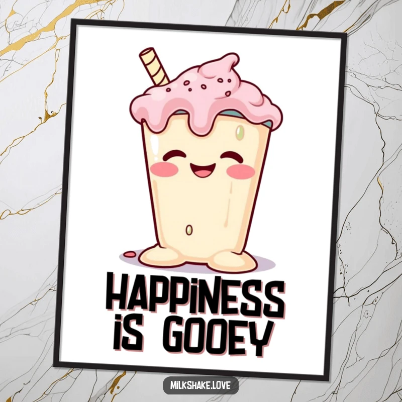 Funny melting milkshake with a goofy grin slumping happily, captured as a vibrant poster. A sweet and cheerful piece of art.