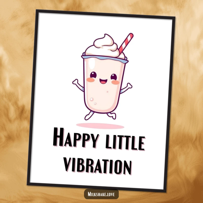 Funny Kawaii Milkshake character in a delightful, energetic bounce on a vibrant wall art print.