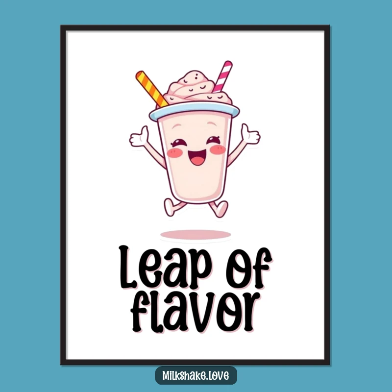 Funny Jubilant Milkshake Cup Leaping Poster - Vibrant Cartoon Wall Art