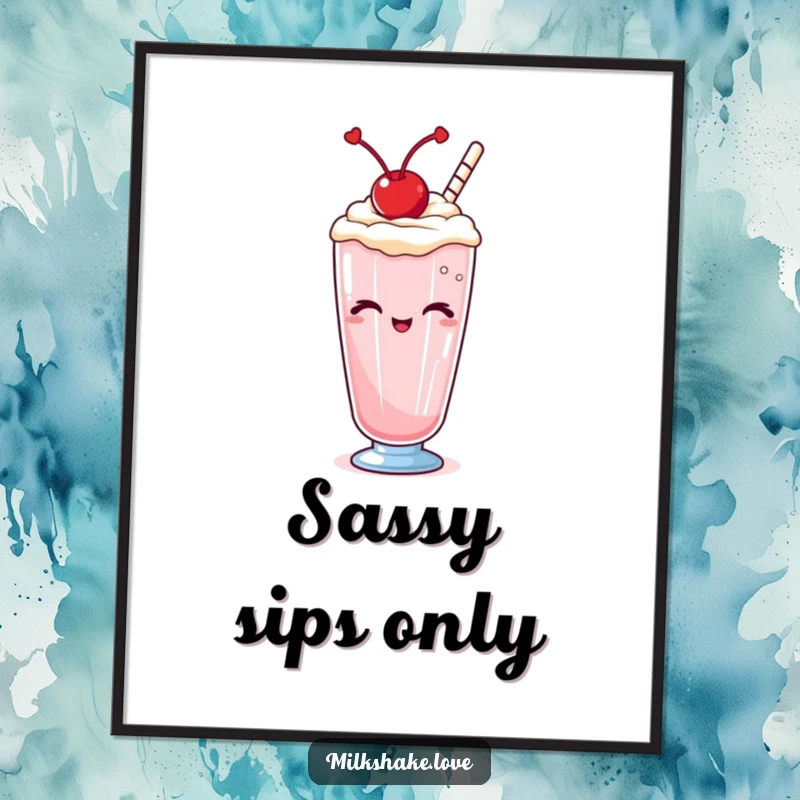 Funny Kawaii milkshake poster, a delightful illustration of a milkshake with a cherry winking, adding playful charm to any room.