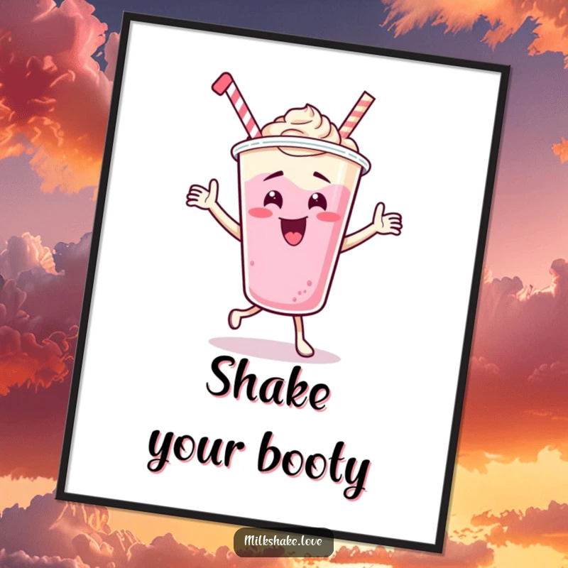 Funny Dancing Milkshake Cup Poster, a cartoon character captured mid-dance, full of silly energy and fun, a lively addition to any wall.