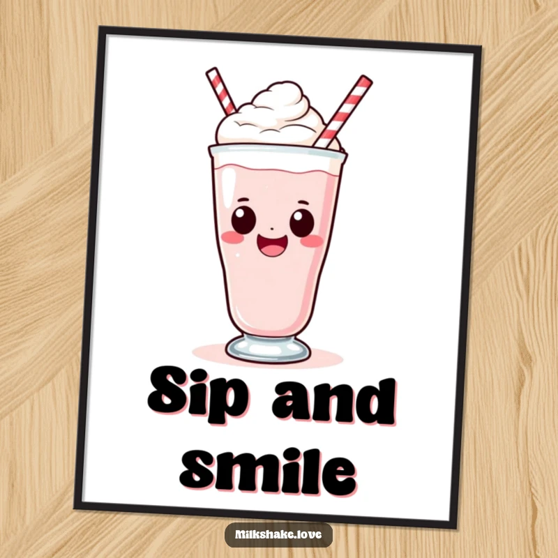 Funny Kawaii Milkshake Poster: A kawaii milkshake with a big smile taking a big sip, creating joyful wall art.