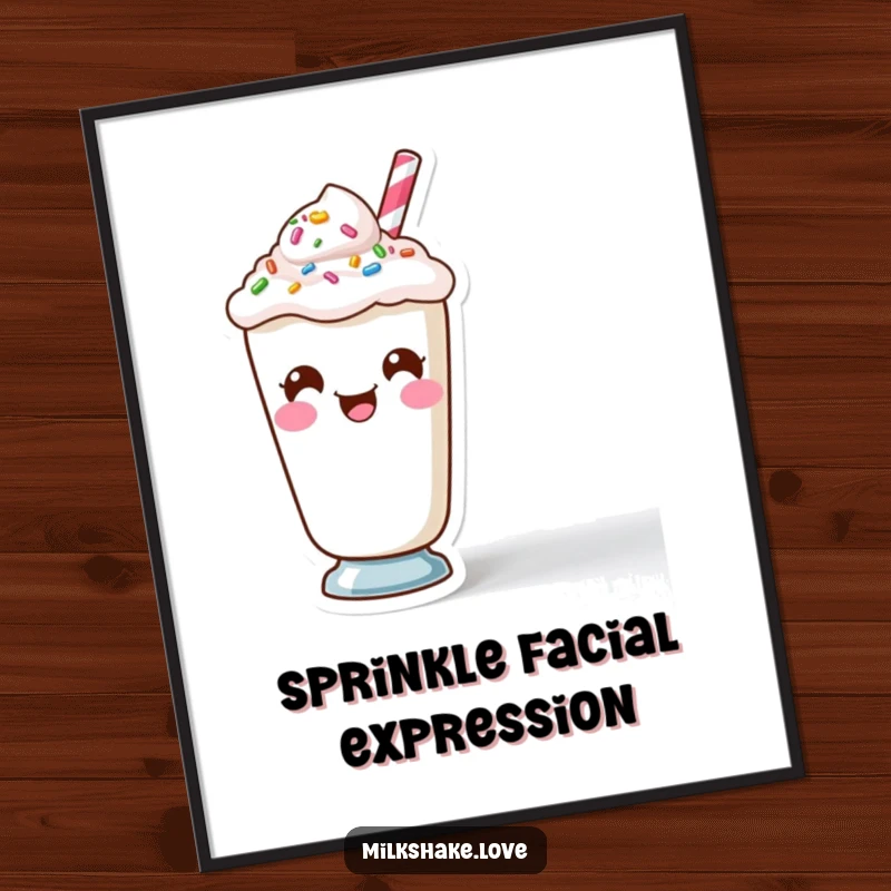 Funny Kawaii Milkshake character making a funny face using its colorful sprinkles on a vibrant wall art print.