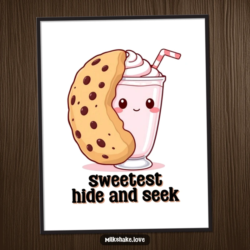Funny kawaii milkshake poster of a shy milkshake peeking from behind a giant cookie, perfect for adding charming and whimsical art.