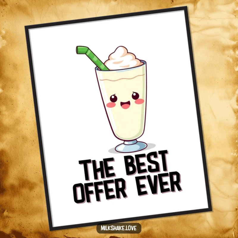 Funny kawaii milkshake poster of a cute glass enthusiastically offering a giant straw, adding whimsical and cheerful art to any room.