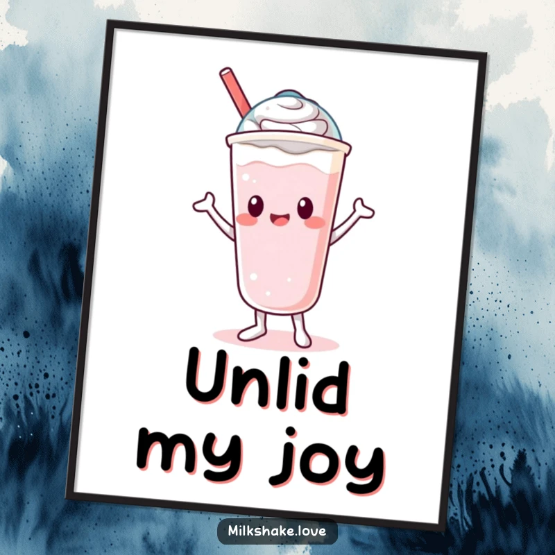 Funny Poster showcasing a delightful Kawaii milkshake character doing a silly dance with its lid, creating a lively scene.
