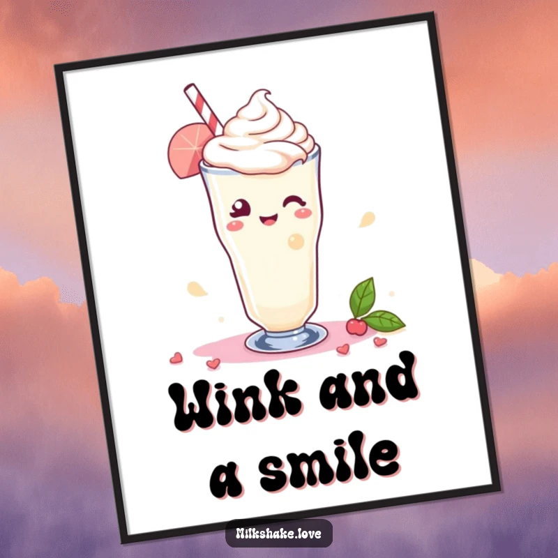 Funny Poster depicting a Kawaii milkshake giving a playful wink, with a vibrant swirl of delight adding a charming and sweet atmosphere.