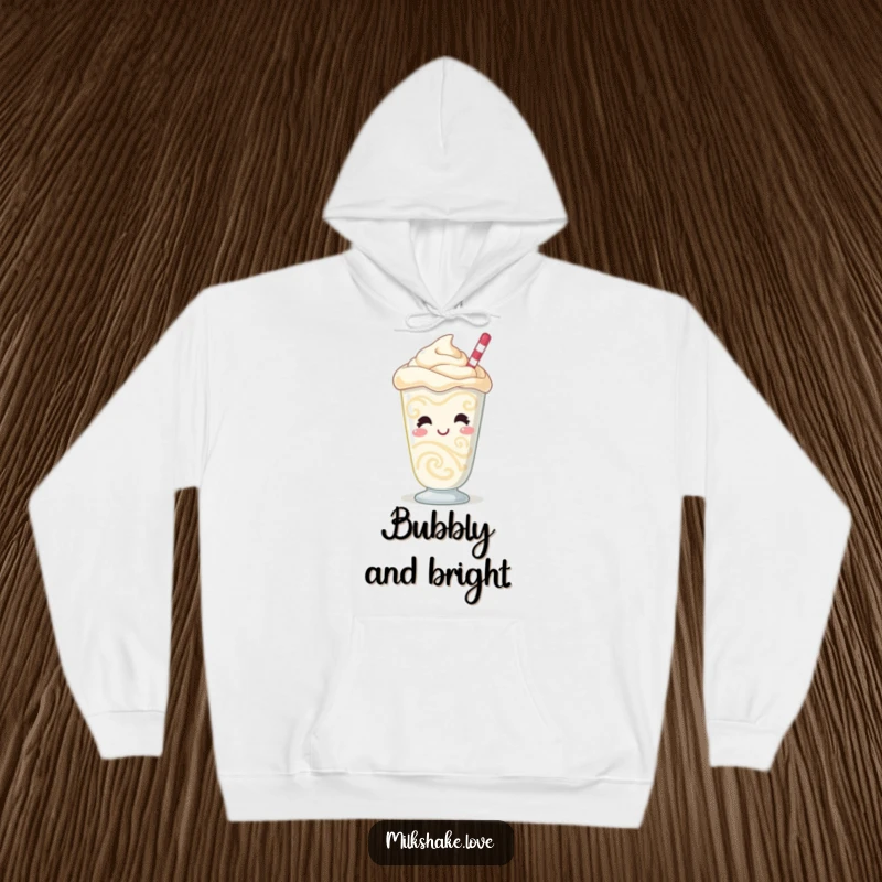 Funny Milkshake Hoodie featuring a giggling character with dynamic swirling patterns and a bubbly demeanor, offering warmth and playful charm.