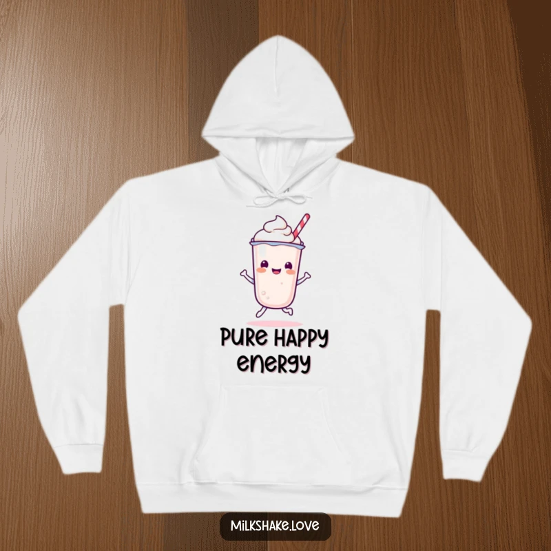 Funny Kawaii Milkshake character in a happy, energetic bounce pose on a soft and warm hoodie.