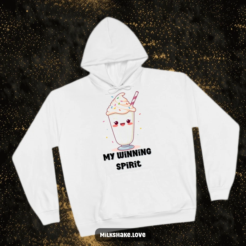 Funny Kawaii milkshake with whipped cream and sprinkles, cheering, featured on a cozy hoodie for warm and festive wear.