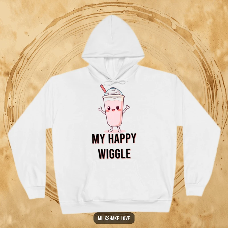 Funny Hoodie featuring a lovable Kawaii milkshake character doing a silly dance, its lid moving energetically to the beat.