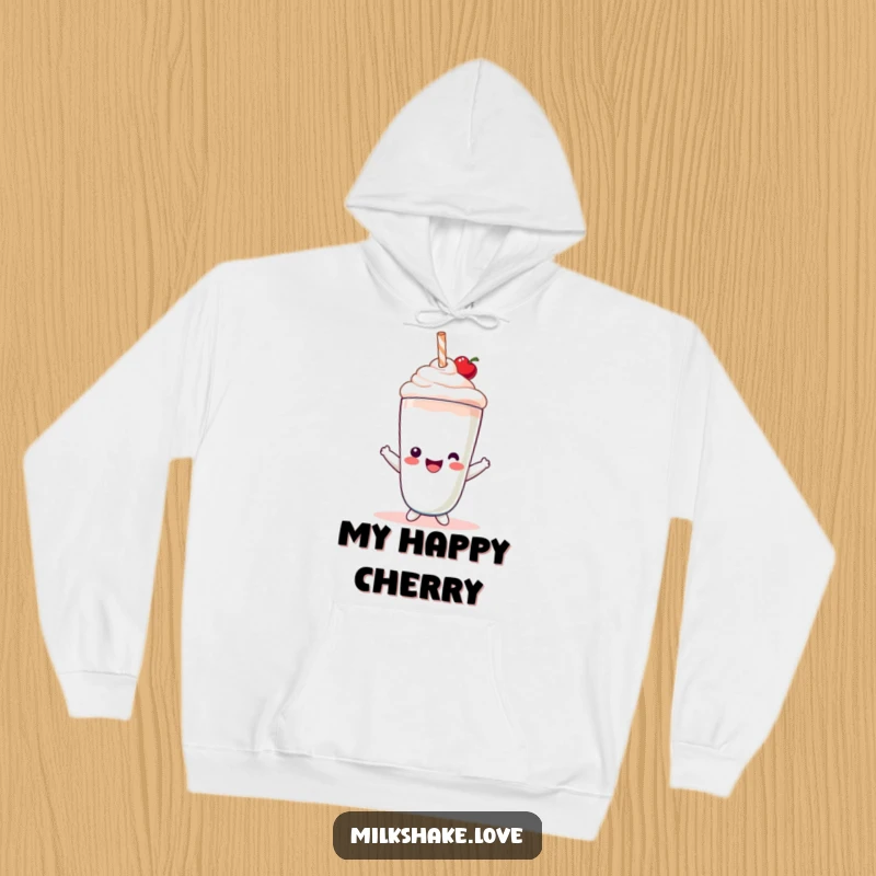 Funny Hoodie with a lovable Kawaii milkshake character, complete with a perfectly placed tiny cherry hat, looking joyful.