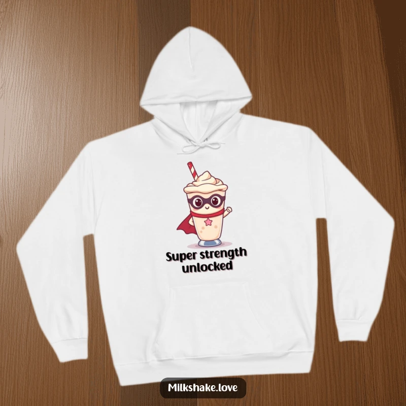Funny Kawaii milkshake superhero character peeking out from a comforting hoodie pocket, ready to save the world.