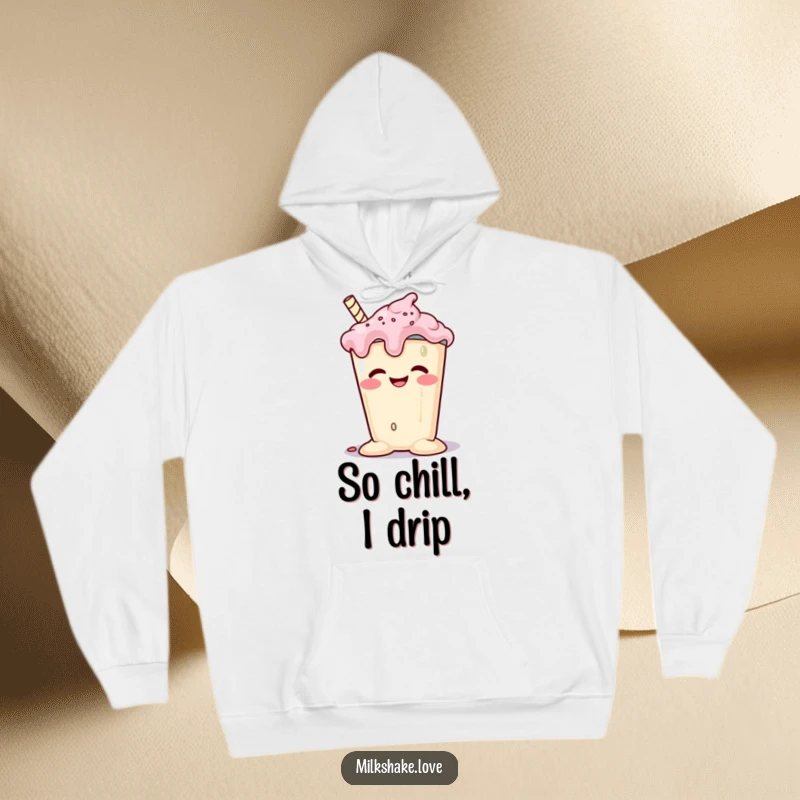 Funny melting milkshake with a goofy grin slumping happily, featured on a soft, warm hoodie. A comforting and humorous garment.
