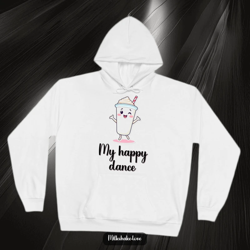 Funny Milkshake Cup Hoodie featuring a smiling milkshake character dancing joyfully. Soft, warm, and incredibly amusing.