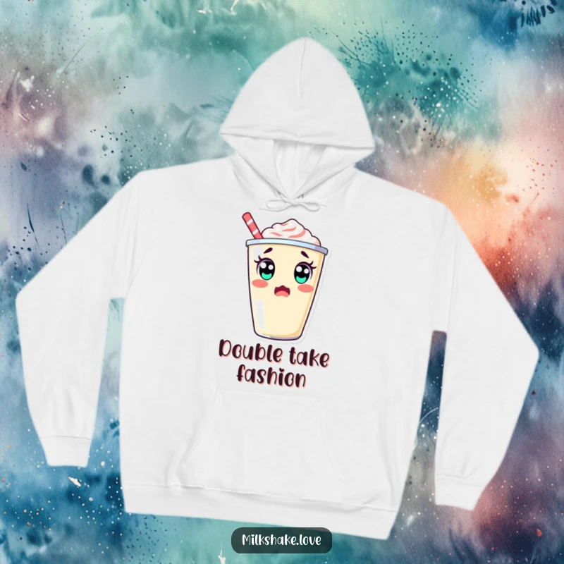 Surprised kawaii milkshake cup with big eyes doing a double take, a cozy and funny hoodie.
