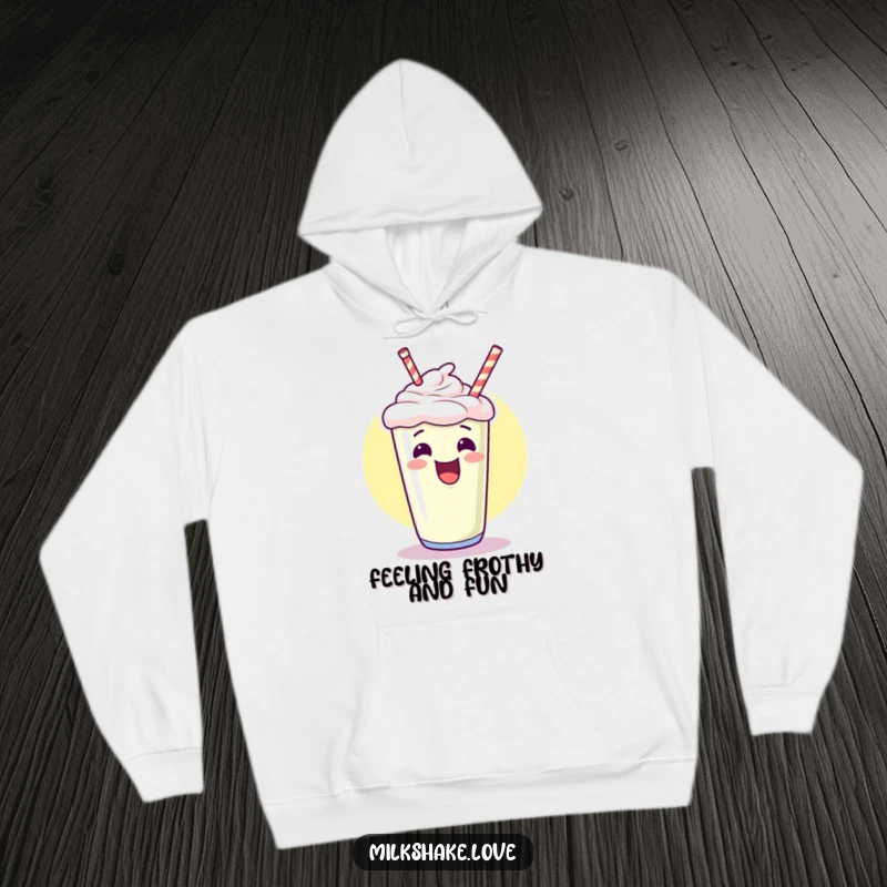 Funny kawaii milkshake hoodie, giggling and pointing upwards with excitement, a cozy and humorous graphic hoodie for chilly days.