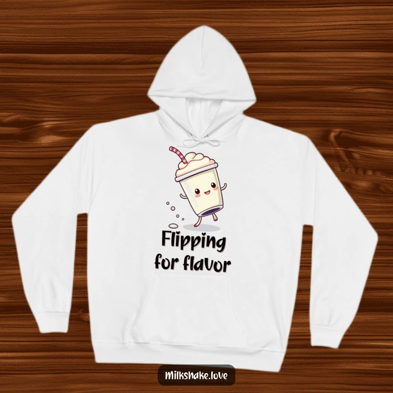 Funny Hoodie showcasing a kawaii milkshake cup in mid-cartwheel, leaving a trail of bubbly drops, radiating playful energy.
