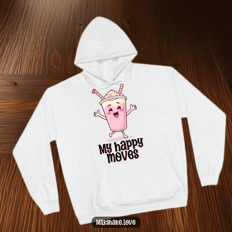 Funny Dancing Milkshake Cup Hoodie, a cartoon character performing an energetic, silly dance, perfect for cozying up or busting a move, full of fun.