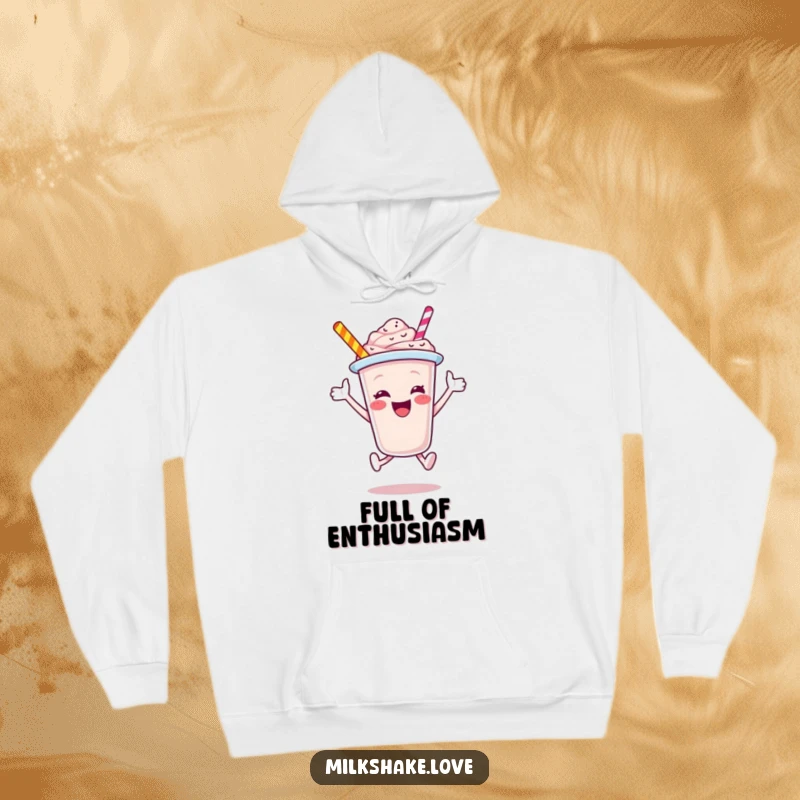 Funny Milkshake Cup Hoodie, a jubilant cartoon character joyfully leaping, exuding infectious energy and fun, cozy and stylish apparel.