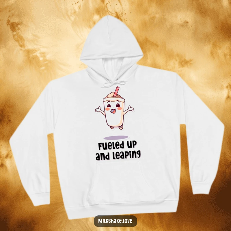 Funny milkshake character joyfully leaping with a straw in its mouth, a warm and humorous hoodie design for active spirits.