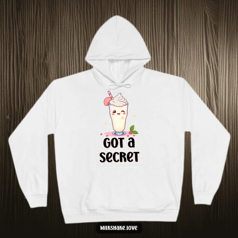 Funny Hoodie featuring a Kawaii milkshake giving a playful wink, with a colorful swirl of delight adding a whimsical touch.