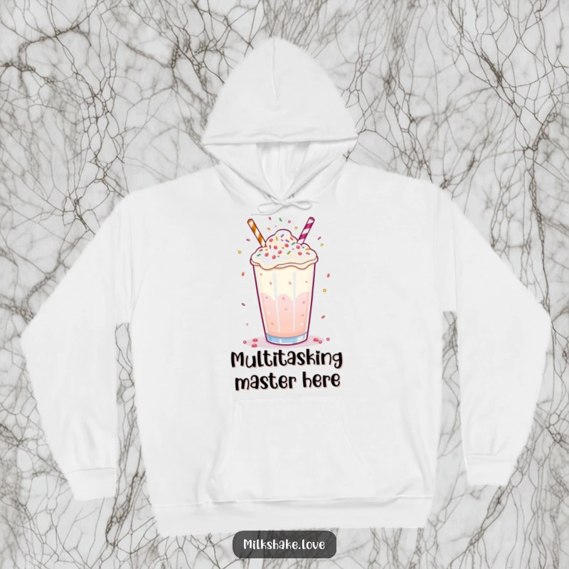 Funny milkshake hoodie featuring a bubbly drink juggling tiny sprinkles with its surface, perfect for a humorous gift.