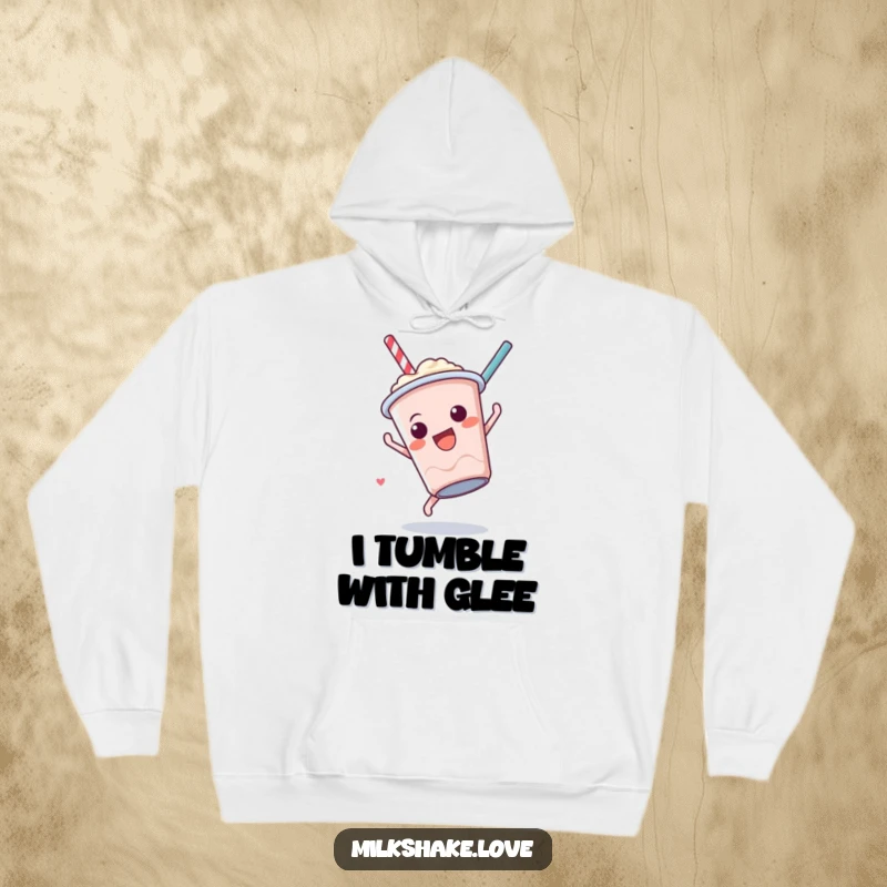 Funny Milkshake Somersault Hoodie depicting a cute anthropomorphic milkshake cup doing a fun somersault, perfect for cozy and humorous wear.
