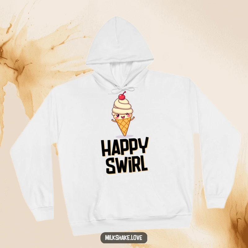 Funny ice cream cone hoodie, a cheerful ice cream cone with a cherry on top spinning happily, cozy funny gift.