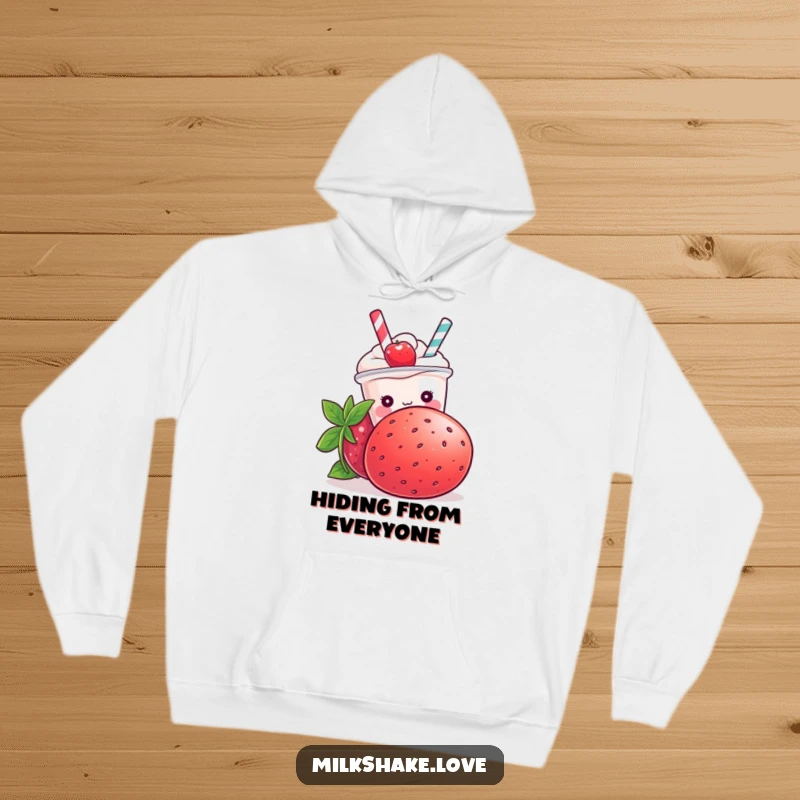 Funny Kawaii milkshake character hiding behind a large strawberry, depicted on a soft and warm hoodie.