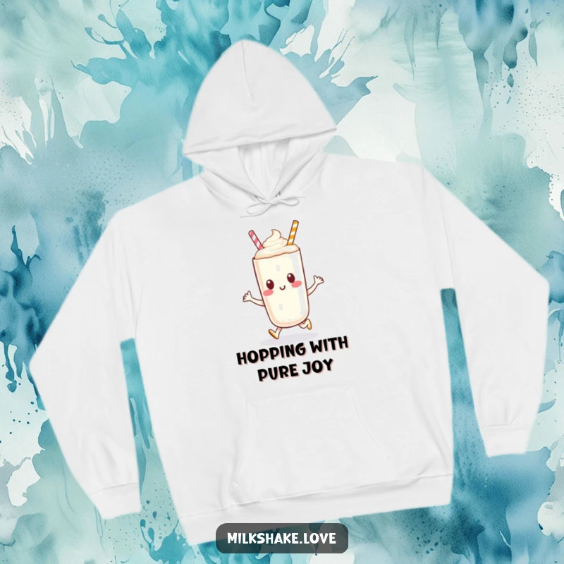Soft and cozy funny hoodie depicting an anthropomorphic milkshake character in a happy little hop.