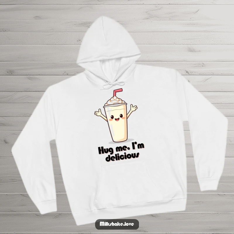 Funny hoodie featuring a friendly milkshake character waving enthusiastically, offering cozy warmth and cheerful humor.