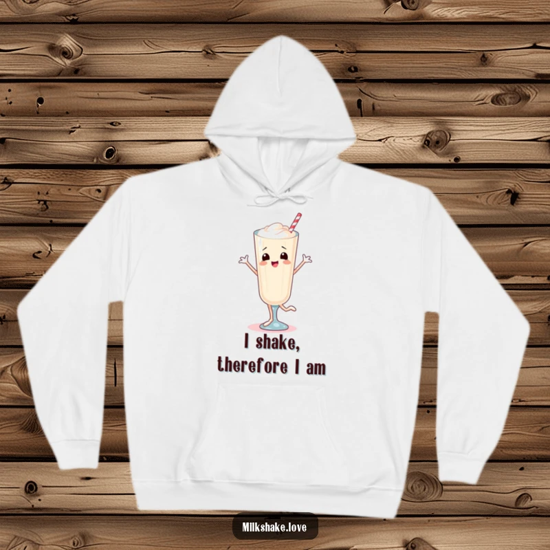 Funny Hoodie featuring a jubilant milkshake with legs engaged in a spirited, bouncy dance, offering warmth and humor.