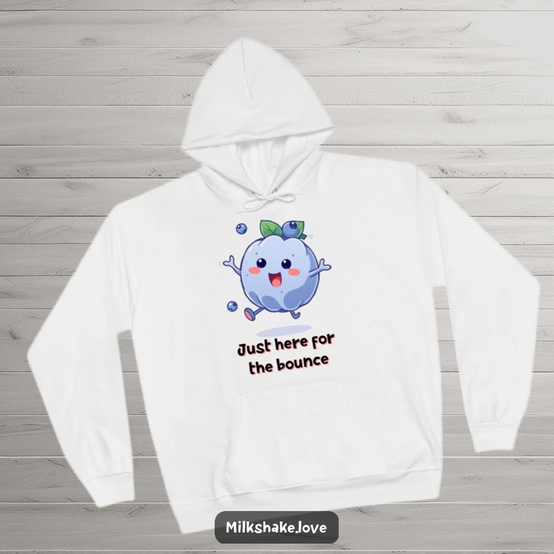 Funny Blueberry Bounce Hoodie depicting a round, happy blueberry character in an enthusiastic bouncing pose, perfect for cozy, fun wear.