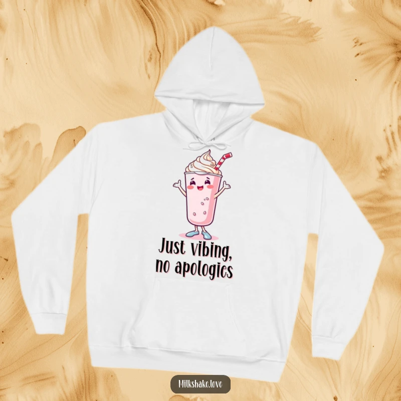 Funny kawaii milkshake hoodie featuring a cute, dancing milkshake with whipped cream doing a joyful shimmy, ideal for cozy, humorous lounging.