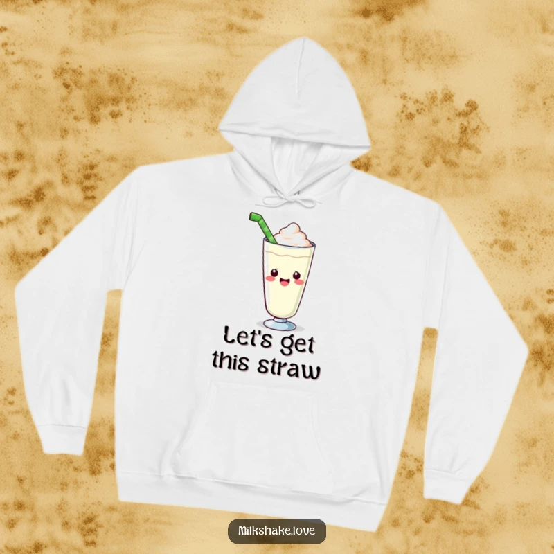 Funny kawaii milkshake hoodie featuring a cute glass enthusiastically offering a giant straw, ideal for cozy and humorous relaxation.