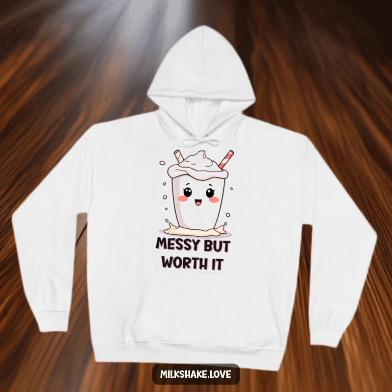 Funny kawaii milkshake character playfully splashing, on a soft and funny hoodie, a sweet and cozy gift.